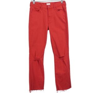 MOTHER Insider Crop Fray Jeans Size 27 Blow By Blow Firecracker Red Distressed